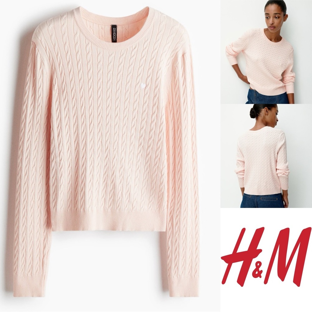 H&M Cable Knit Heart Long Sleeve Barbiecore Sweater Top Size Medium Light Pink